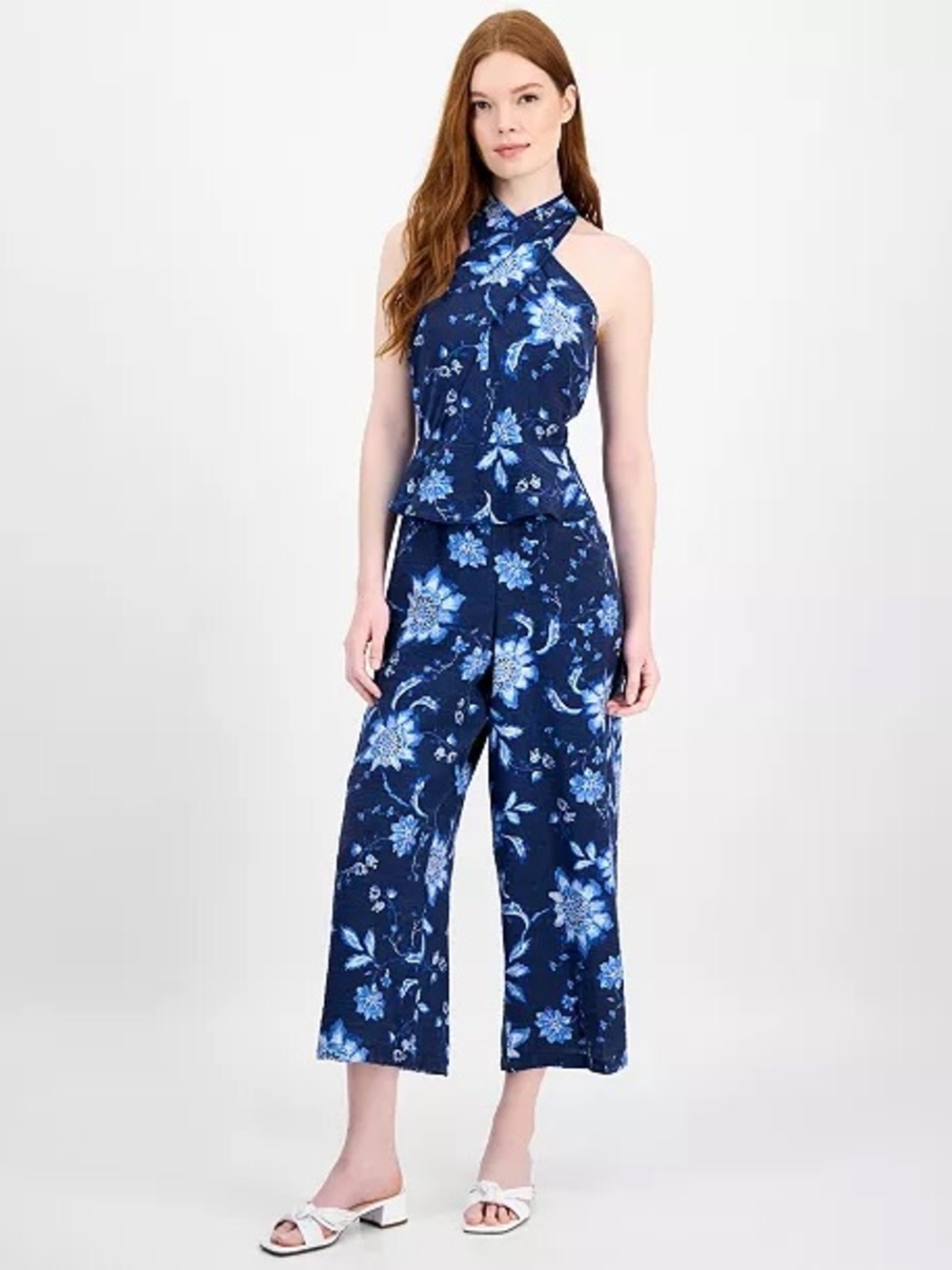 Tommy Hilfiger Blue Floral Halter Jumpsuit Women’s 8 Wide Leg Cropped Romper